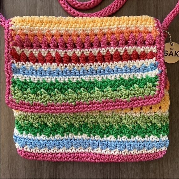 The Sak Pink Crochet Multi Colored Boho‎ Striped Crossbody Bag - Picture 3 of 6